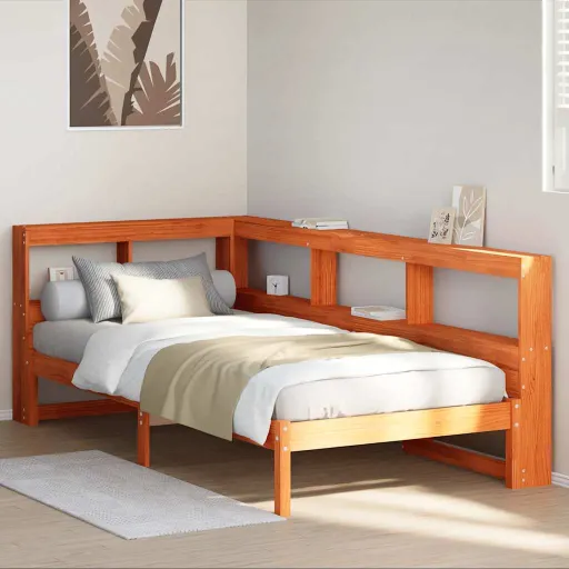 Cama Con Estantería Sin Colchón Madera Maciza Marrón 90x190 cm
