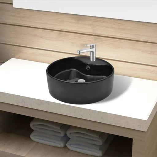 Lavabo de Cerámica Con Agujero Para Grifo/Desagüe Negro Redondo