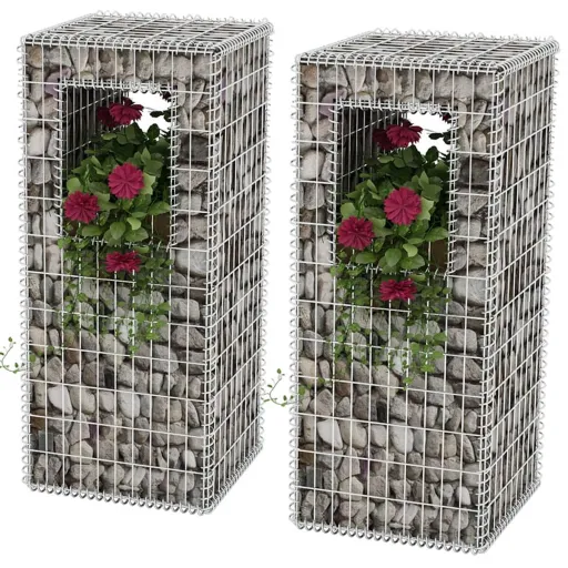 Cesta Poste/Jardinera de Gaviones 2 Unidades Acero 50x50x120 cm