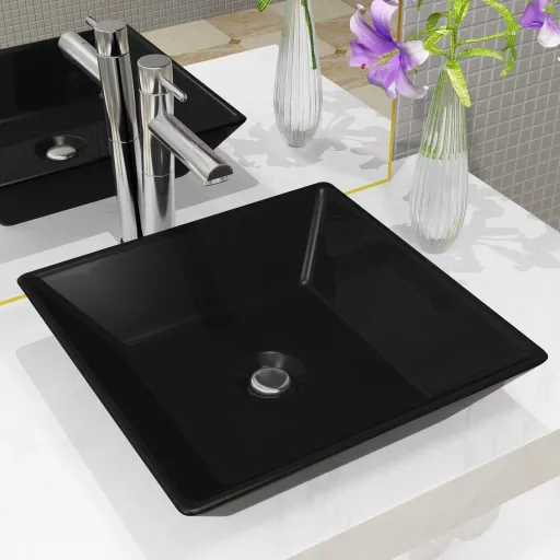 Lavabo Cuadrado de Cerámica Negro 41,5x41,5x12 cm