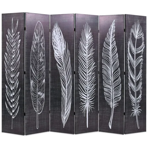 Biombo Divisor Plegable 228x170 cm Plumas Blanco y Negro