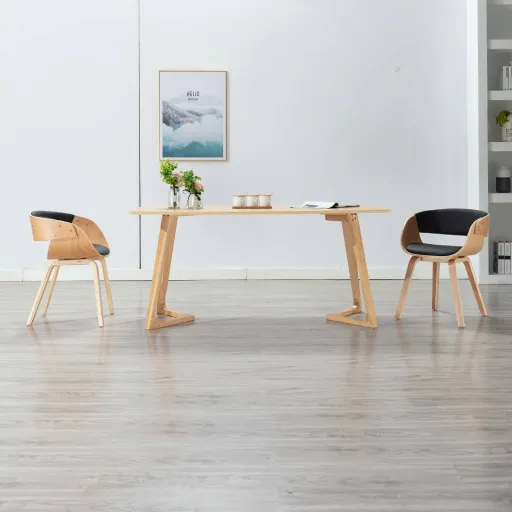Silla de Comedor de Madera Curvada y Cuero Sintético Negro