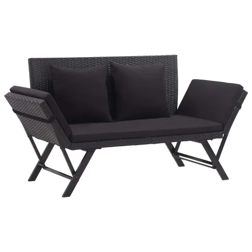 Banco de Jardín Con Cojines Ratán Sintético Negro 176 cm