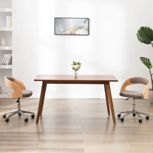 Silla de Comedor Giratoria de Madera Curvada y Tela Gris Taupe