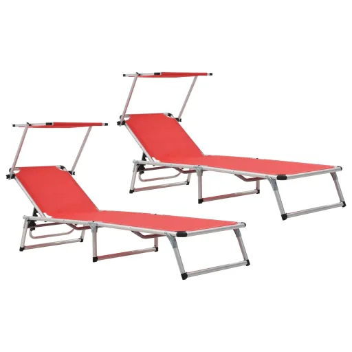 Tumbonas Plegables Con Techo 2 Uds Aluminio y Textilene Rojo
