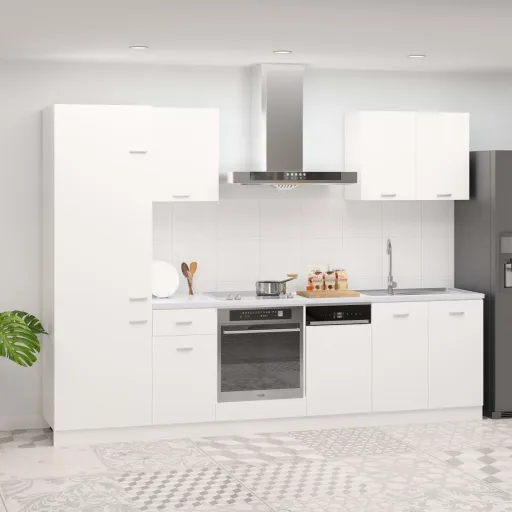Conjunto de Armarios de Cocina de 7 Piezas "Lyon" de Madera de Ingeniería Blanca