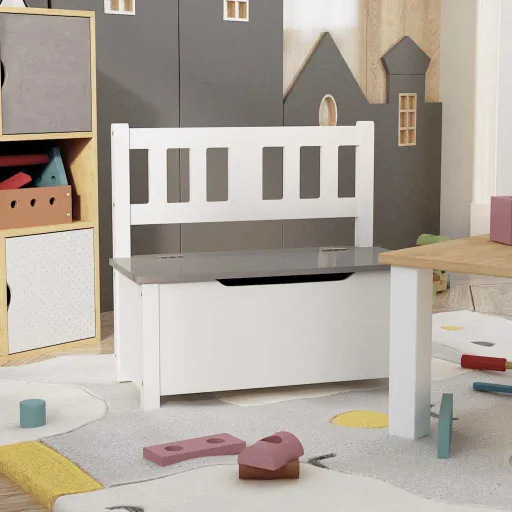 Banco de Almacenaje Para Niños MDF Blanco y Gris 60x30x55 cm