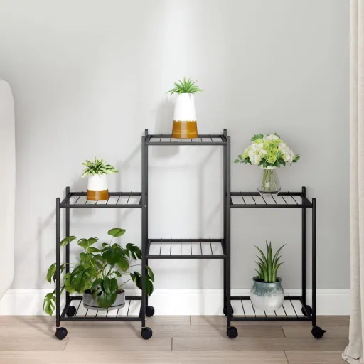 Soporte Para Flores Con Ruedas Hierro Negro 83x25x63,5 cm