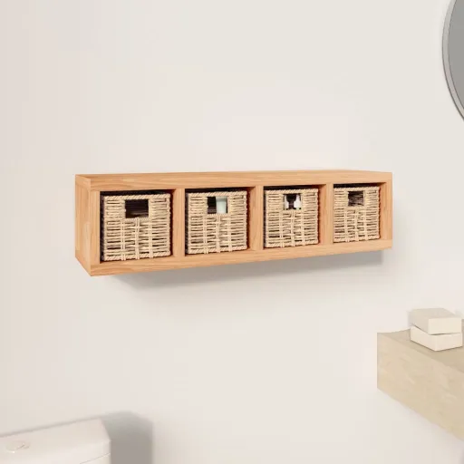 Estante de Pared Con Cestas Madera Maciza Nogal 62x18x16 cm