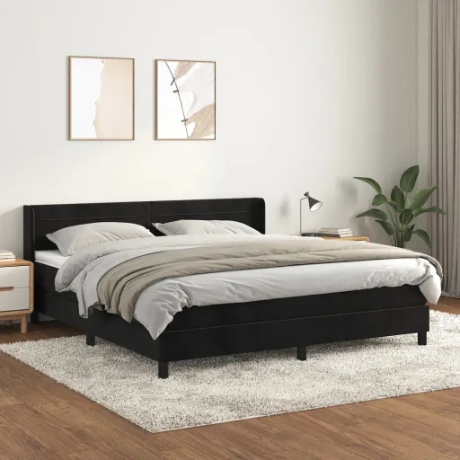 Cama Box Spring Con Colchón Terciopelo Negro 160x200 cm