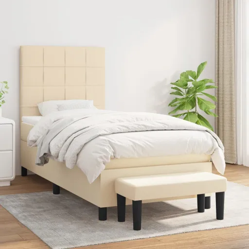Cama Box Spring Con Colchón Tela Color Crema 80x200 cm