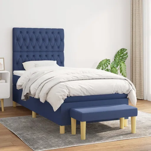 Cama Box Spring Con Colchón Tela Azul 100x200 cm