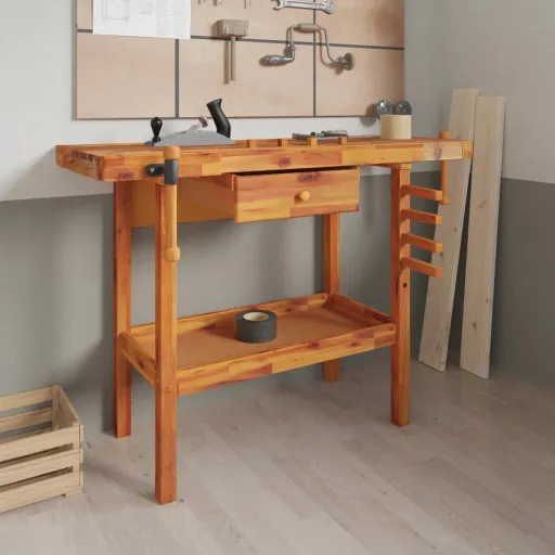 Banco de Trabajo Con Cajón y Tornillos de Banco 124x52x83 cm Madera Maciza de Acacia