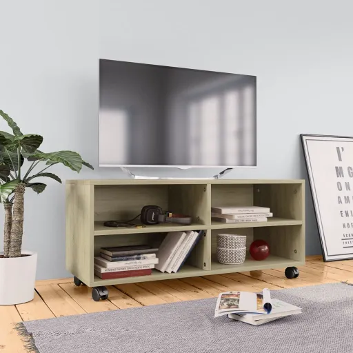 Mueble de TV Ruedas Madera Contrachapada Color Roble 90x35x35cm