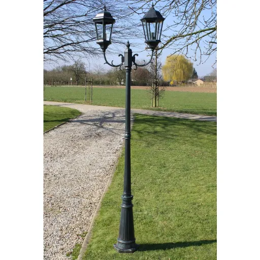 Farola de Jardín 2 Brazos 230 cm Verde Oscuro/Negro Aluminio