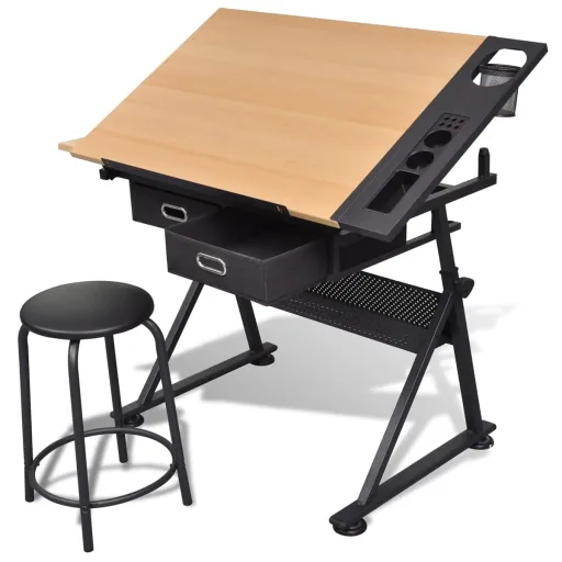 Mesa de Dibujo Inclinable Con 2 Cajones y Taburete