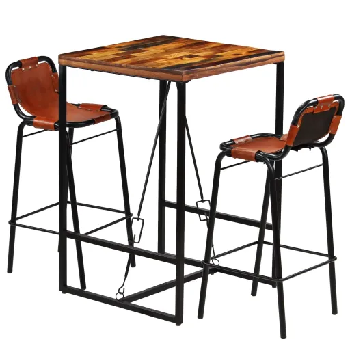 Set Muebles Bar 3 Pzas Madera Reciclada Cuero Cabra Auténtico