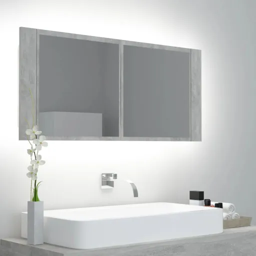 Armario Espejo Baño Luz LED Acrílico Gris Hormigón 100x12x45 cm