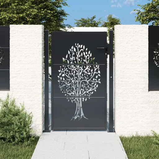 Puerta de Jardín Acero Gris Antracita Diseño Árbol 100x125 cm