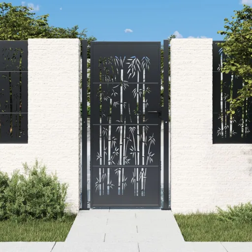 Puerta de Jardín Antracita 100x175 cm Acero Diseño Bambú