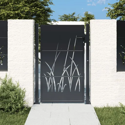 Puerta de Jardín Antracita 100x125 cm Acero Diseño Hierba