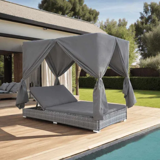 Tumbona Cama Con Cortinas de Ratán Sintético Gris