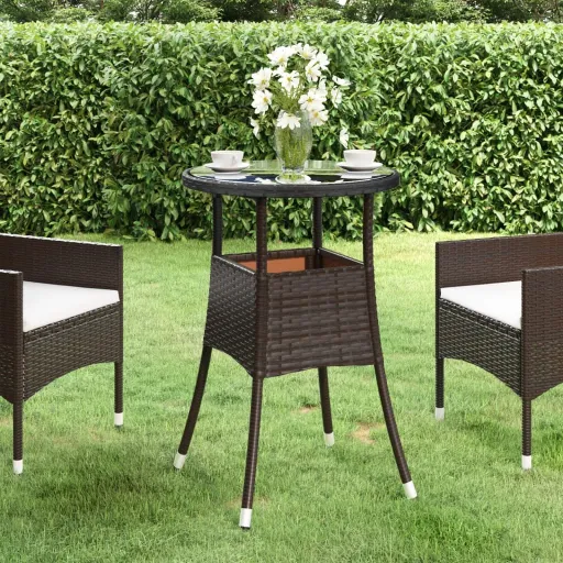 Mesa de Jardín Vidrio Templado Ratán Sintético Marrón Ø60x75 cm