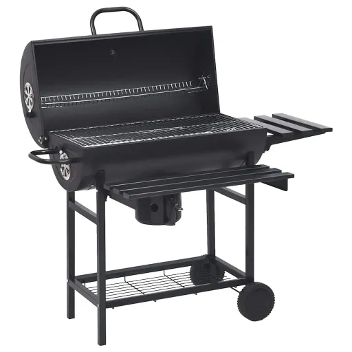 Parrilla de Barril Ruedas y Estantes Acero Negro 115x85x95 cm