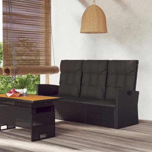 Banco Jardín Reclinable y Cojines Ratán Sintético Negro 173 cm