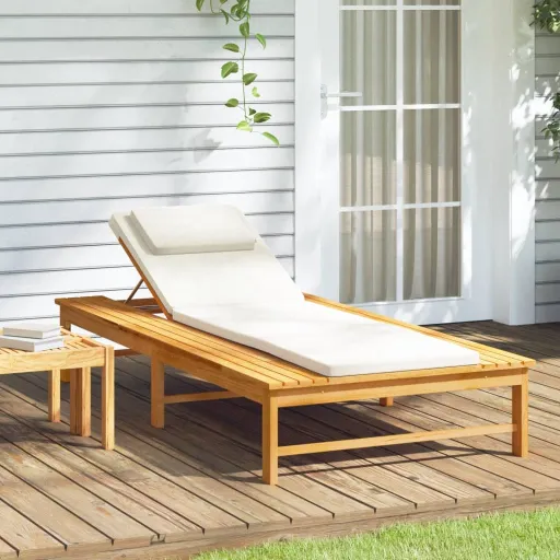Tumbona Con Cojín Blanco Crema y Almohada Madera Maciza Acacia
