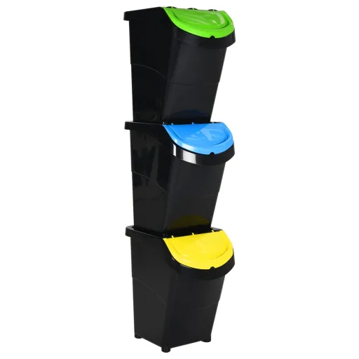 Cubos de Basura Apilables Con Tapa 3 Uds PP Negro 120 L