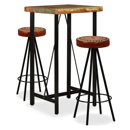 Mesa y 2 Taburetes Bar Madera Maciza Reciclada Cuero Real Lona