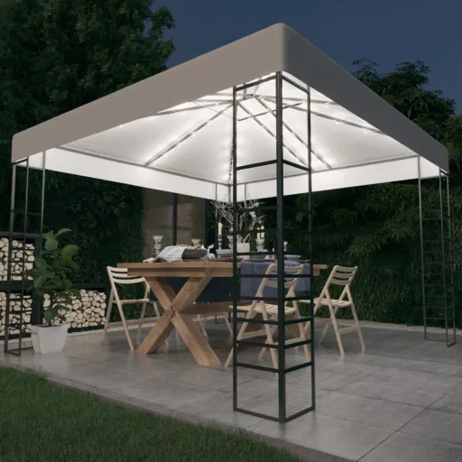 Carpa Cenador de Jardín Con Tira de Luces LED 3x3 m Blanco