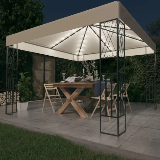 Cenador Con Tira de Luces LED 3x3 m Tela Color Crema