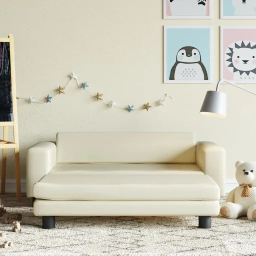 Sofá Para Niños y Reposapiés Cuero Sintético Crema 100x50x30 cm