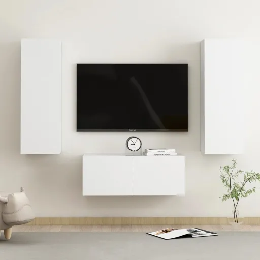 Set de Muebles de Salón TV 3 Piezas Madera de Ingeniería Blanco