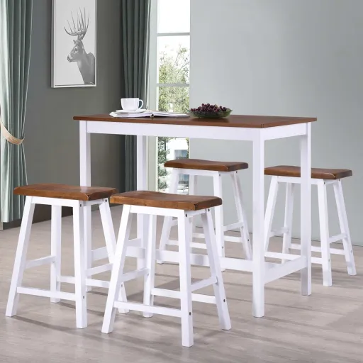Juego de Mesa Alta y Taburete de Cocina 5 Pzas Madera Maciza