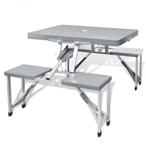 Set Mesa Plegable de Camping y 4 Taburetes Aluminio Gris Claro