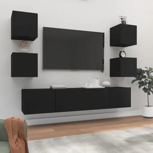 Set de Muebles Para TV 6 Piezas Madera Contrachapada Negro