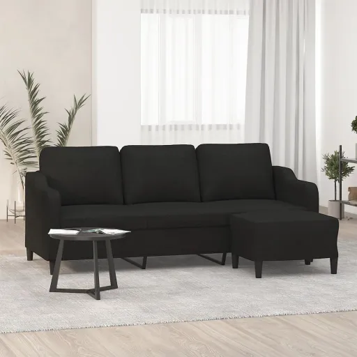 Sofá de 3 Plazas Con Taburete de Tela Negro 180 cm