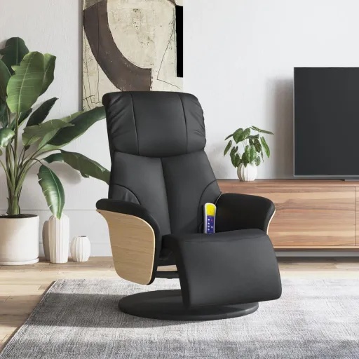 Sillón Reclinable Masaje Con Reposapiés Cuero Sintético Negro