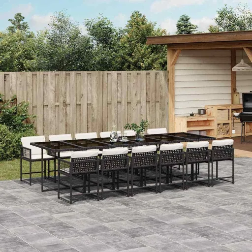 Set Comedor de Jardín Con Cojines 13 Pzas Ratán Sintético Negro