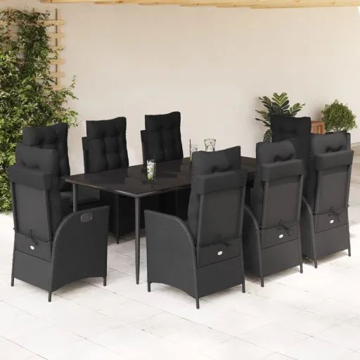 Set de Comedor de Jardín 9 Pzas y Cojines Ratán Sintético Negro