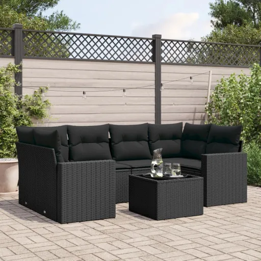 Set de Comedor de Jardín 7 Pzas y Cojines Ratán Sintético Negro