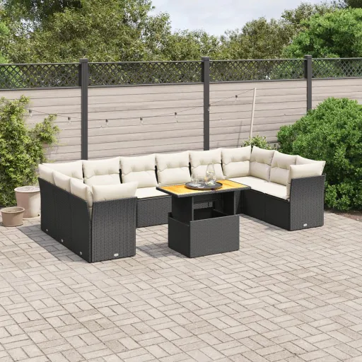 Set de Sofás de Jardín 11 Pzas y Cojines Ratán Sintético Negro
