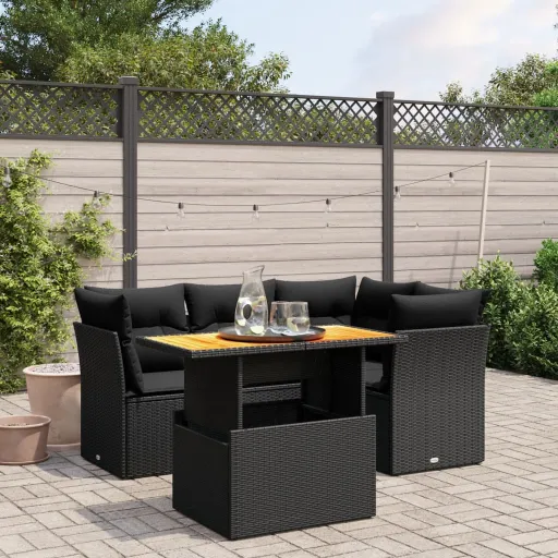 Set de Muebles de Jardín 5 Pzas y Cojines Ratán Sintético Negro