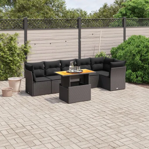 Set de Comedor de Jardín 7 Pzas y Cojines Ratán Sintético Negro