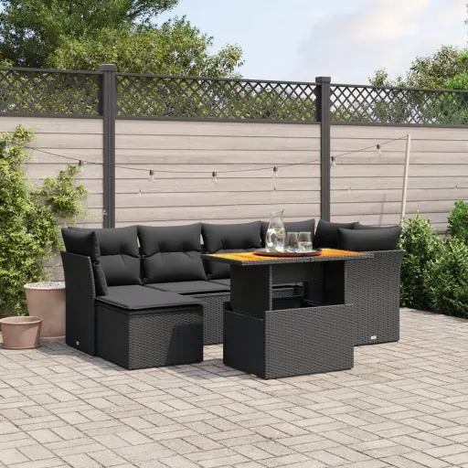 Set de Comedor de Jardín 7 Pzas y Cojines Ratán Sintético Negro