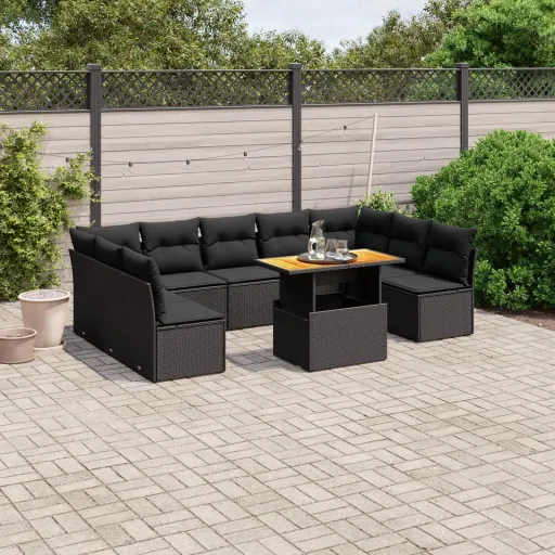 Set de Sofás de Jardín 10 Pzas Cojines Ratán Sintético Negro