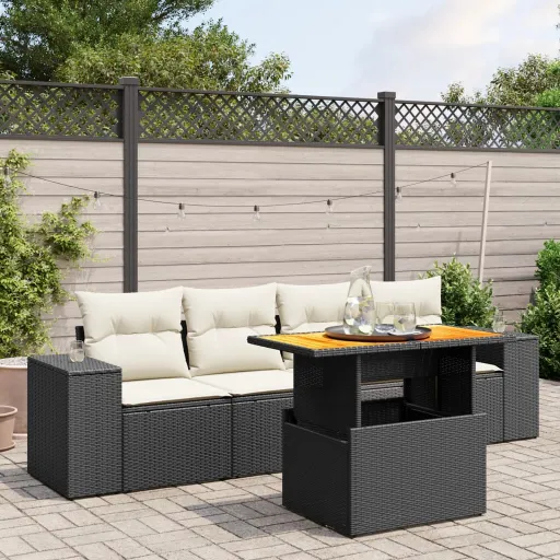 Set de Muebles de Jardín 5 Pzas y Cojines Ratán Sintético Negro